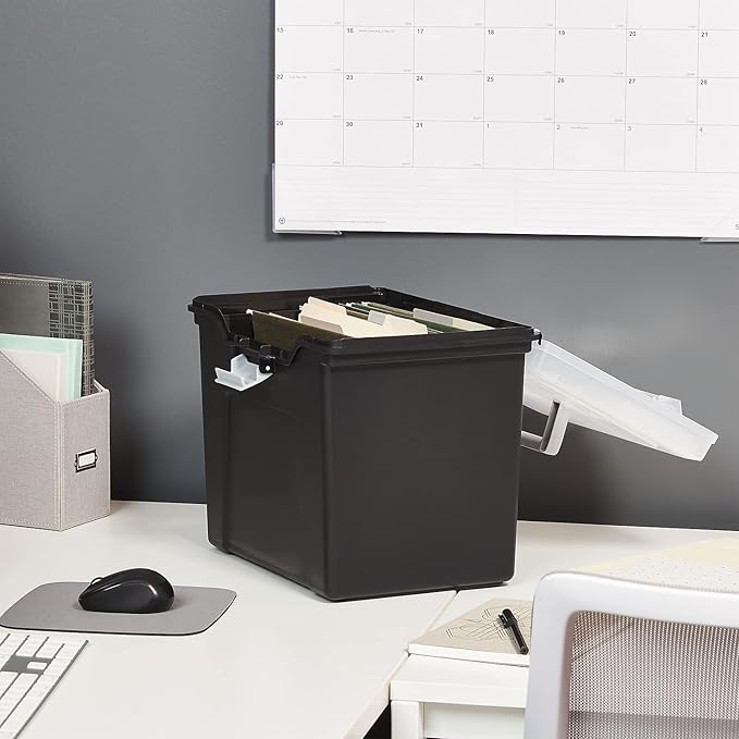 STAPLES File Folder Tote, Portable Filing Box, Letter Size Hanging Folders, Security Latch & Built-In Lid Organizer, Black/Clear