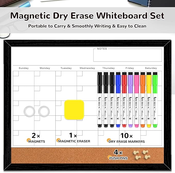 ABERLLS Monthly Calendar Dry Erase Board for Wall, 17''x13'' Whiteboard with Black Wood Framed, Magnetic White Boards, 2in1 White Board Cork Board Combo