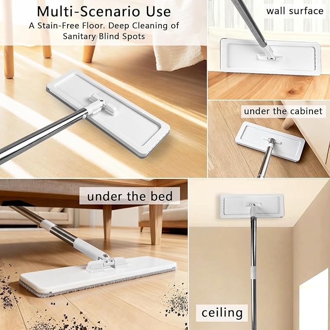Meetue Mop and Bucket Set, Flat Mop and Bucket System with Wringer, Automatic Separates Dirty and Clean Water Include 6 Reusable Microfiber Mops for Floor Cleaning