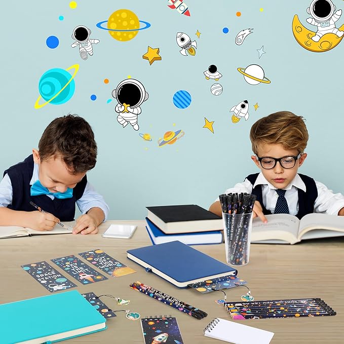 Kolewo4ever 148 Pieces Outer Space Theme Stationery Set:100 Space Pencils Astronaut Pencils 24 Planet Rocket Mini Spiral Notepad Memo Pad 24 Space Ship Metal Charms Bookmarks