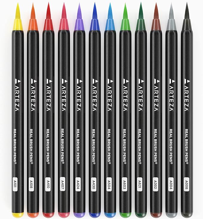 ARTEZA Real Brush Pens, 12 Watercolor Pens, Drawing Markers with Flexible Brush Tips, Watercolor Markers for Artists, and Beginners