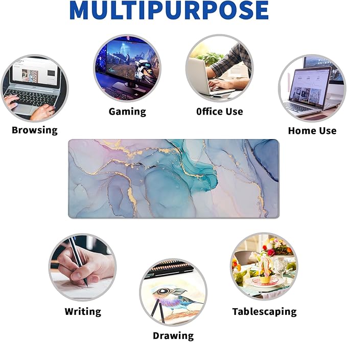 Teal Marble Mouse Pad Abstract Marble Mouse Pad 31.5x11.8 Inch Texture Non-Slip Rubber Base Large Mousepad Stitched Edges Keyboard Mouse Mat Desk Pad for Office and Home