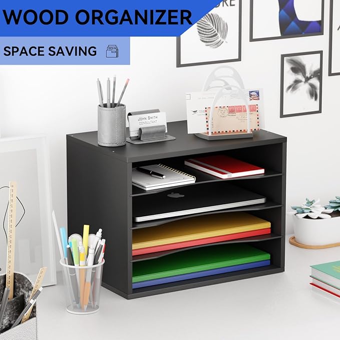 Wood Desktop Letter Tray File Organizer, Paper Storage Mail Sorter with 3 Adjustable Drawer Boards for Home and Office, Black