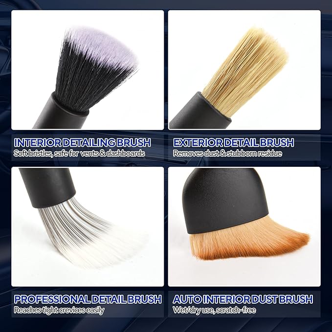 JsqFogey 7PCS Car Detailing Brush Kit - Ultra Soft Boars Hair Car Interior Detailing Brushes, Includes 4 Different Brushes, Multi-use for Cleaning Interior or Exterior - Perfect Car Accessory Gift
