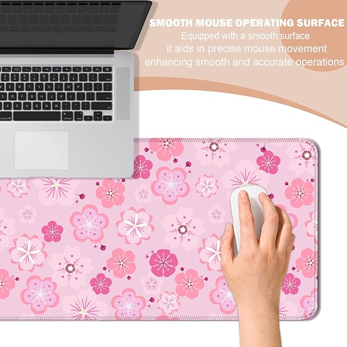 Japanese Pink Cherry Blossoms Gaming Desk Mat, Extended Large Minimalist Plant Aesthetic Mouse Pad, Computer Keyboard Laptop Mousepad for Work, Office and Home, XL