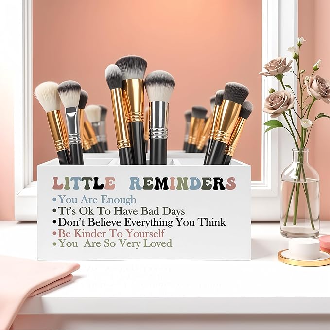 Encouragement Gifts Pencil Pen Holder for Desk, Little Reminders Inspirational Wooden Pencil Holder Organizer for Home Office Desk Accessories, Mental Health Gifts