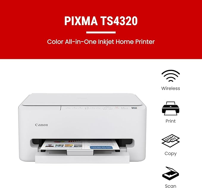 Canon PIXMA TS4320 Wireless Color Inkjet Printer for Duplex Printing, White – Cost Efficient Home Printer with Copier/Scanner, Compact Design, Easy Setup, 1 Year Limited Warranty