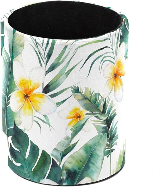 Pen Holder For Your Desk, Pencil Holder Organizes All Pens, Watercolor Plumeria Flowers Palm Tree Pen Cup For Your Office Decor