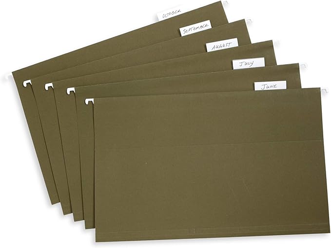 25 Blue Summit Supplies Legal Size Hanging File Folders – Standard Green Hanging File Folders Legal Size, Durable 12pt Paper with Plastic Tab and Paper Inserts Included