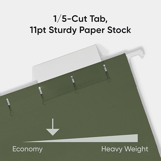 Smead Hanging File Folder, 1/5-Cut Adjustable Tab, Letter Size, Standard Green, Hanging Folders for Filing Cabinets, File Organizer Folder, 25 Per Box (64055)