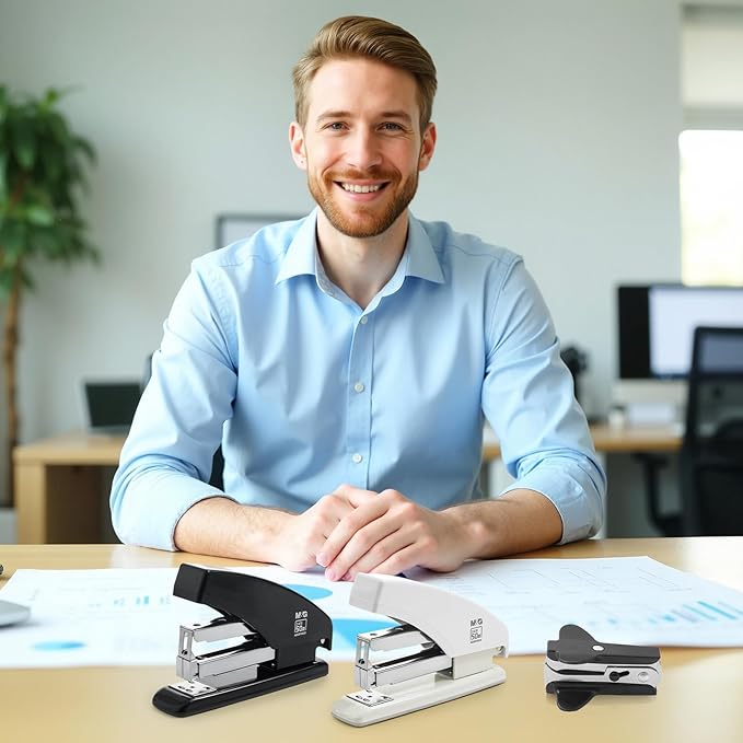 M&G Effortless Stapler for Desk, 50 Sheet Capacity, Heavy Duty Desktop Stapler with 1000 Staples & Staple Remover, One Finger Touch, Good for Office Home School, Black