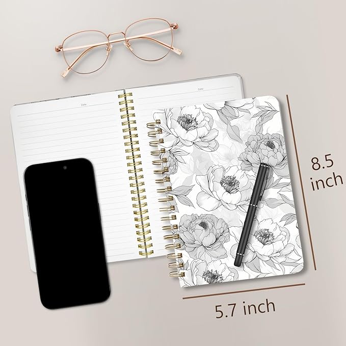 Cute Spiral Notebook journal A5 Aesthetic Pretty Floral Design for Women Girls Kawaii with Pocket, 8.5 x 5.7 inch, Rose