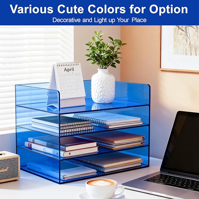 Gelite Acrylic File Organizer for Desk 4 Tiered Stackable Letter Tray Office Paper Storage Desktop Document Sorter, Blue