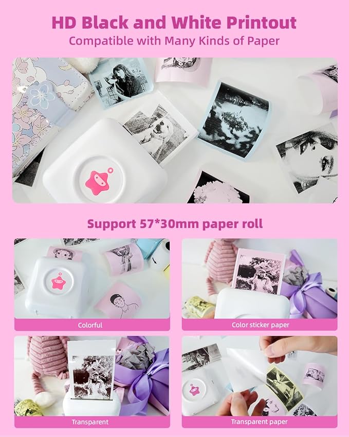 vretti Mini Pocket Printer - Portable Thermal Printer with 1 Roll Sticker Paper, Bluetooth Mini Printer for iPhone & Android, TP2-Y Inkless Sticker Maker for Notes, Photos, Labels, DIY