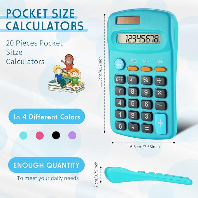 20 Packs Pocket Size Mini Basic Calculators for Students 8 Digit Display Solar Battery Dual Power Small Calculators for Desktop Home Office School Students Kids, 4 Colors