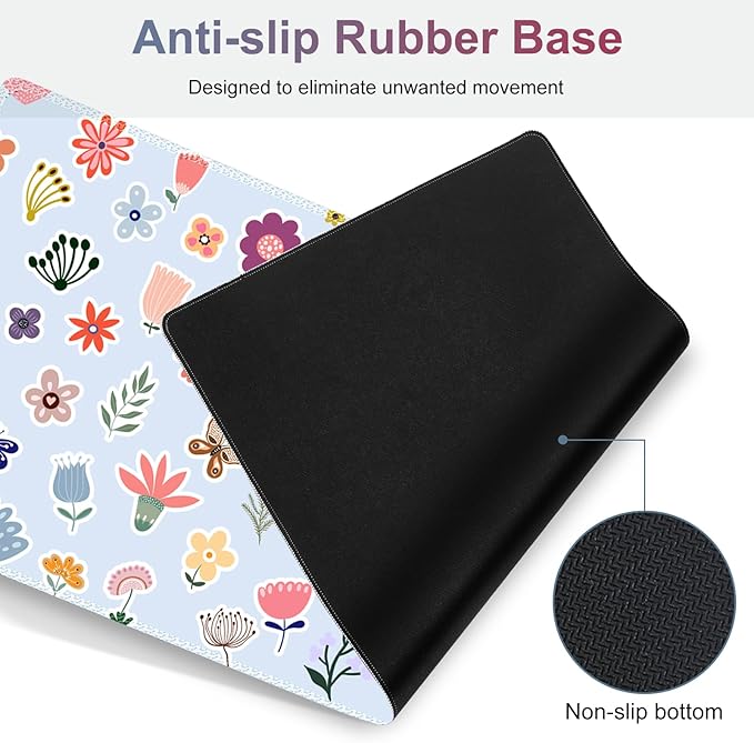 Desk Mat Gaming Mouse Pad, Cute Desk Matt Keyboard Wrist Rest for Desktop, Anti-Slip Big Mousepad Stitched Edges, XXL Large Mouse Pad with Wrist Support for Home Office I Butterfly & Flower