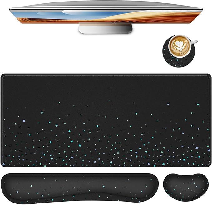 Desk Mat for Keyboard and Mouse,4in1 XXL Mousepad + Keyboard Wrist Rest+Mouse Wrist Rest+Coaster Set with Ergonomic Desk Pad for Home Office(Black Bluestar)