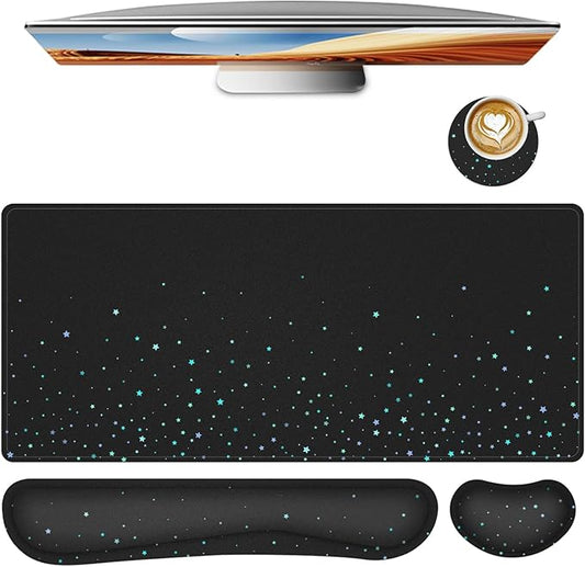 Desk Mat for Keyboard and Mouse,4in1 XXL Mousepad + Keyboard Wrist Rest+Mouse Wrist Rest+Coaster Set with Ergonomic Desk Pad for Home Office(Black Bluestar)