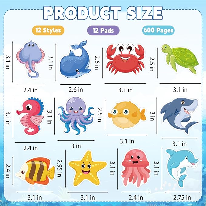 600Pcs Ocean Animal Sticky Notes, Cute Turtles Crabs Jellyfish Fish Sticky Notes Sea Animal Sticky Notepad Under The Sea Self Sticky Memo Pads for Ocean Party Favors Home Office School Supplies