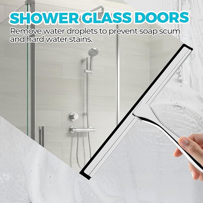 10-Inch All-Purpose Shower Squeegee for Shower Doors, Tile Shower Walls, Bathroom, Window, Glass and Car Windshield, Mirrors and Kitchen-Stainless Steel, Silver
