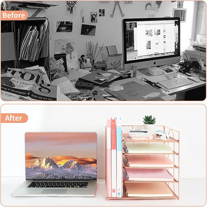 Desk Organizers and Accessories, 5-Tier Paper Letter Tray Organizer with File Holder, Desktop Organizer for Office Supplies, Office Desk Accessories & Workspace (Rose Gold)