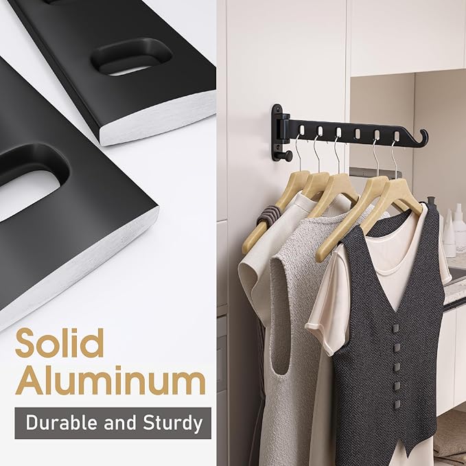 2-Pack Wall Mounted Clothes Drying Rack, Foldable Coat Hanger Holder, Space Saving Laundry Organizer, Sturdy and Durable Aluminum Design (Black)