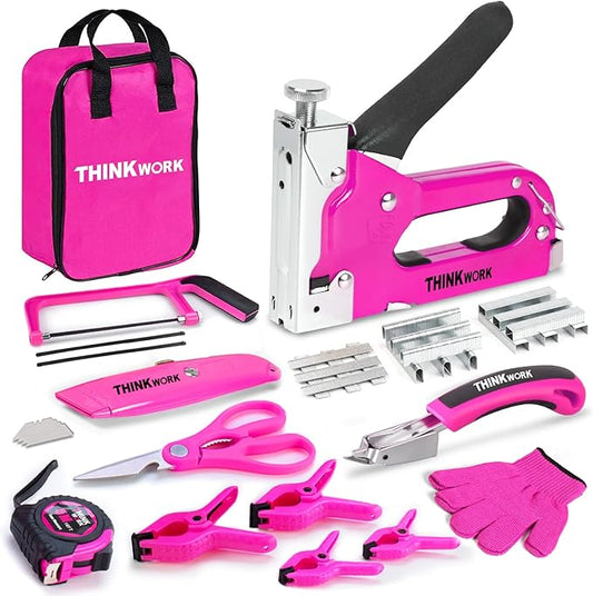27Pc Staple Gun Set, Pink Staple Guns/Home Use, 3 in 1 Upholstery Staple Gun with 900 Staples, Stapler Gun for Wood Heavy Duty, Fabric, Crafts, Decoration DIY, Home Tool Kit Christmas Gift for Women