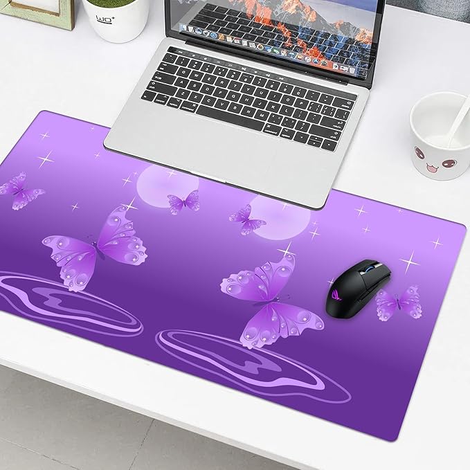 Star Moon Butterfly Desk Pad Protector, Stitched Edges Mouse Pad, Large Office Desk Mat, Non-Slip Desk Blotter, Laptop Desk Pad, Desk Writing Pad for Office and Home (31.5" x 15.7 ")