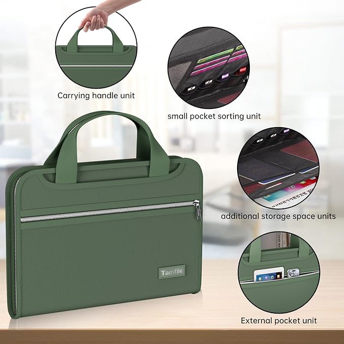 Tamfile Fireproof Accordion File Organizer with Handle, 13 Pocket Expanding File Folder with Zipper & Labels, File Folder with Multi-Pockets Paper Organizer Folder for Letter A4 Files, Green