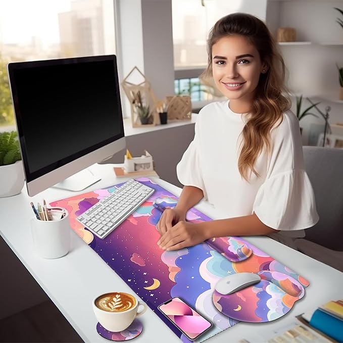 Purple Mouse Pad Large Desk Mat Set, Kawaii Clouds Ergonomic Mouse Pad with Wrist Rest Keyboard Wrist Support XXL Mousepad Cup Coaster Set, Cute Purple Office Desk Accessories Decor Supplies
