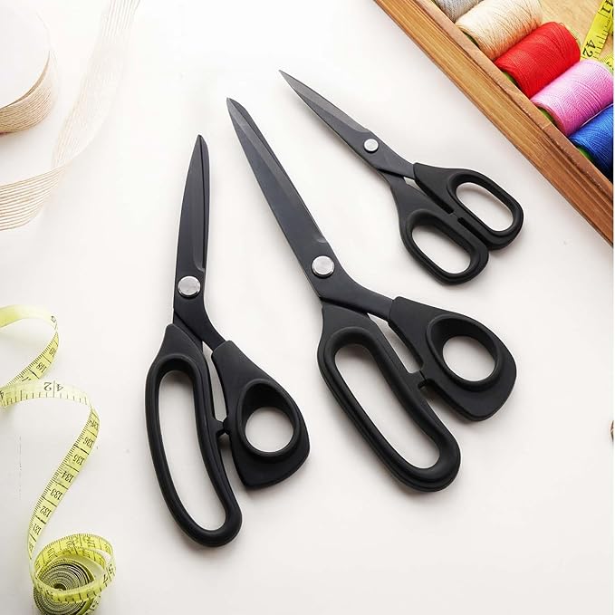 Premium Proseries Sewing Fabric Scissors Bundle (10"/9"/6"), Black Office Scissors All Purpose, Sharp Titanium Coated Blade, Comfort Grip Soft Handles for Diy Craft, Paper, Art, School, Home