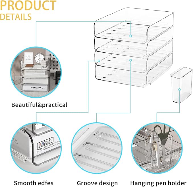 4-Tier Acrylic Paper Tray Organizer with Pen Holder | Clear Stackable Desk Organizer for Documents, Letters, A4 Paper | Modern Office/Classroom/Home Organization