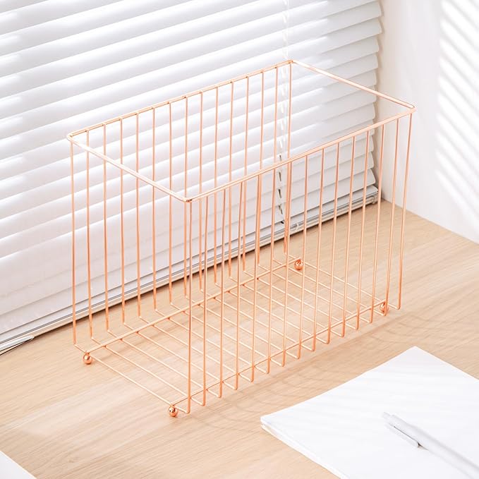 Y YOMA 1 Pack Rose Gold Desktop Hanging File Organizer | 12 Pack Rose Gold Pocket Hanging File Folders with Tabs & Insert | Letter Size Metal File Kit for Desk Home Office, I Shaped