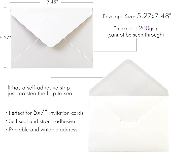 PONATIA 50 PCS/Pack 80lb Thick A7 Envelopes, 5.27 x 7.48'' Sparkle Ivory Heavy Duty Envelopes, Perfect for 5x7 Envelope Wedding Invitation Cards, Christmas Gift Cards, Acrylic Invitations, Photos