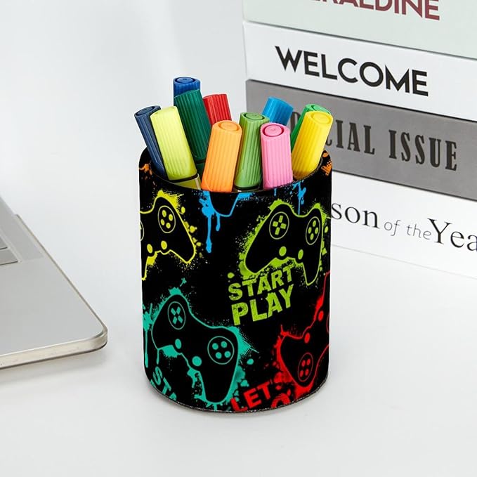 PVC Leather Circular Pen Holder for Desk Abstract Colorful Joystick Game. Pencil Organizer Holder Makeup Brush Holder with Flannel Lining Office Desk Organizer