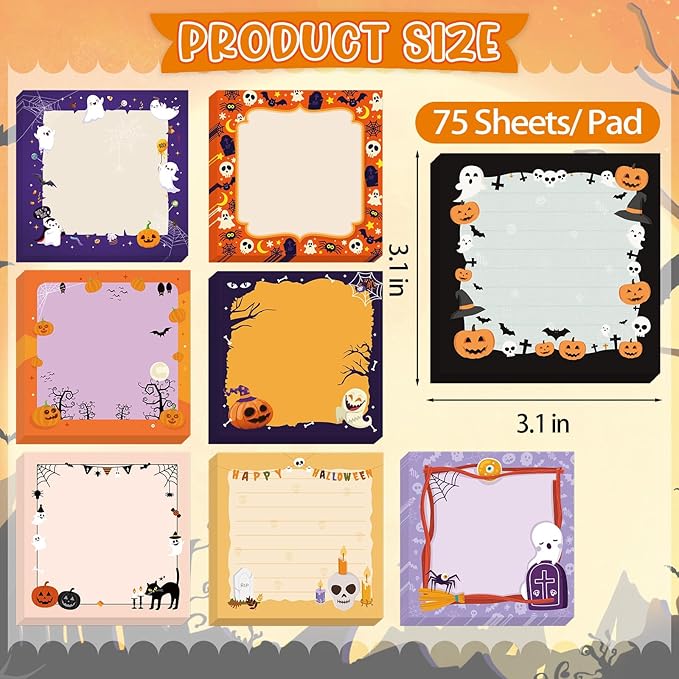 600 Halloween Sticky Notes, Cute Pumpkin Ghost Spider Memo Notes Halloween Note Pads for Trick or Treat Party Favors Home Office School Supplies