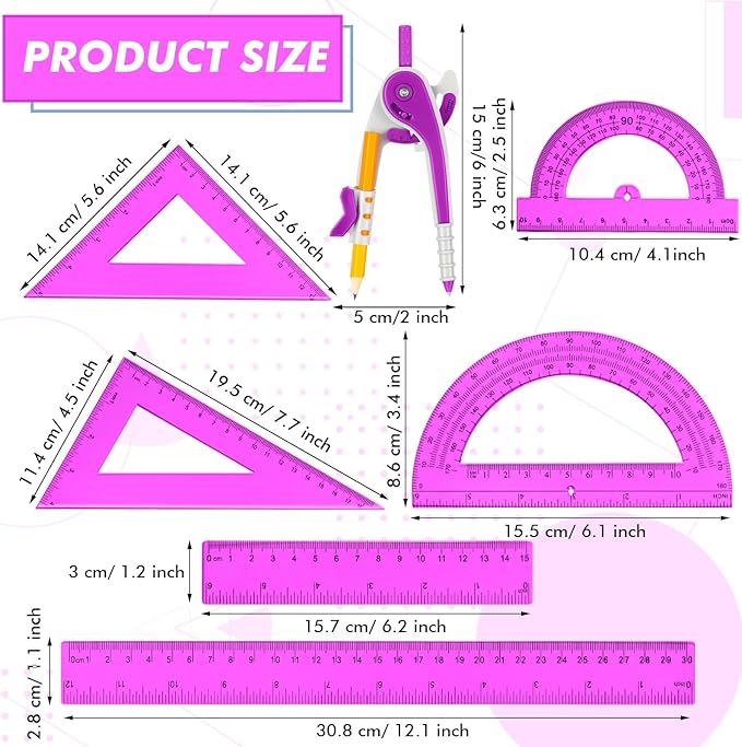 Zonon 1 Set Plastic Geometry Math Set 7 Pcs Includes 6'' / 4 '' Protractor, Drawing Compass, 45/60 Degree Triangle Rulers, 12'' / 6'' Math Ruler Transparent for Office Supplies(Purple)