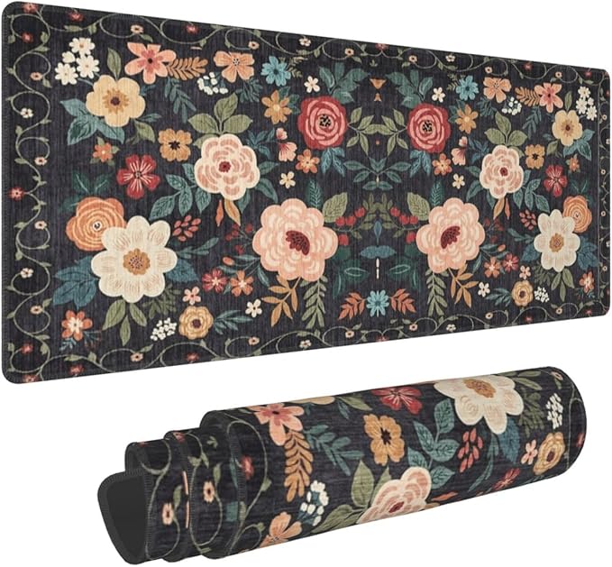 Gaming Mouse Pad, Large Non-Slip Rubber Base Mousepad, Keyboard Mouse Mat, Desk Pad with Stitched Edges, 31.5x11.8inch, Wilde Flower