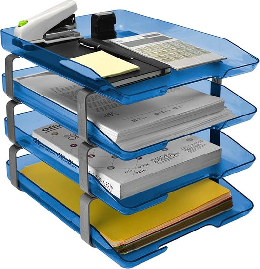 Acrimet Traditional 4 Tier Letter Tray, Front Load Design, A4 Letter Size, Desktop Organizer (Plastic) (Clear Blue Color)