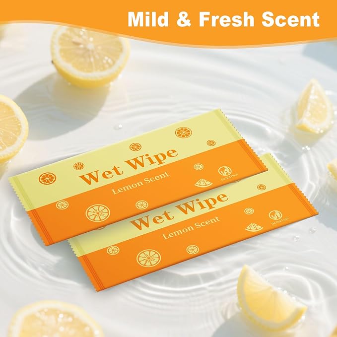 Hand Wipes Travel Size, 50 Pcs Wet Wipes Individually Wrapped for Barbecue, Seafood Boil Party, Restaurant, Lemon Scent