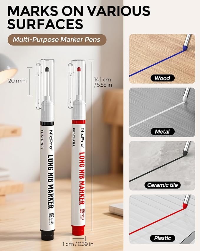 Nicpro 8 PCS Long Nib Marker Pens, 20mm Deep Hole Marker, Quick Dry & Waterproof Construction Markers, Long Head Markers for Metal, Steel, Tile, Glass, Carpenter Marking Pen for Woodworking (4 Colors)