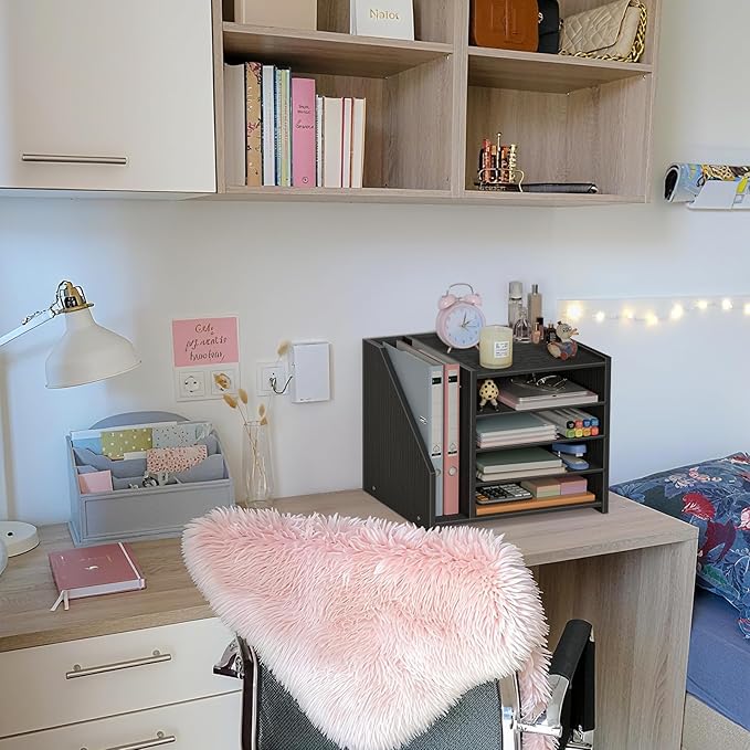 Wood Paper Tray Organizer for Desk - 5 Tier Desk Top File Storage Office Workspace Desktop Organization Stationary Small Wooden Shelf, Black