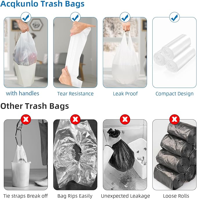 8 Gallon White-Trash-Bags Unscented Tall Kitchen - Large Plastic Garbage Bag With Handles 60Counts Recycling Office Car Medium Waste Basket Can Liner Thick Strong Acqkunlo