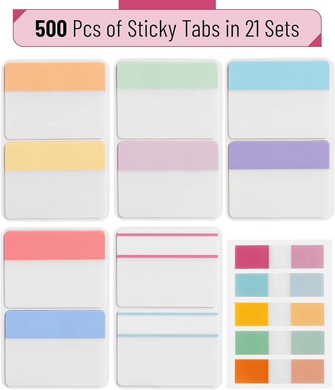 Mr. Pen- Sticky Index Tabs, 500 Pcs, 21 Sets, Colorful Sticky Tabs for Notebooks, Page Markers, Page Tabs for Binders, Page Tabs Sticky Tabs for Books, Notebook Tabs