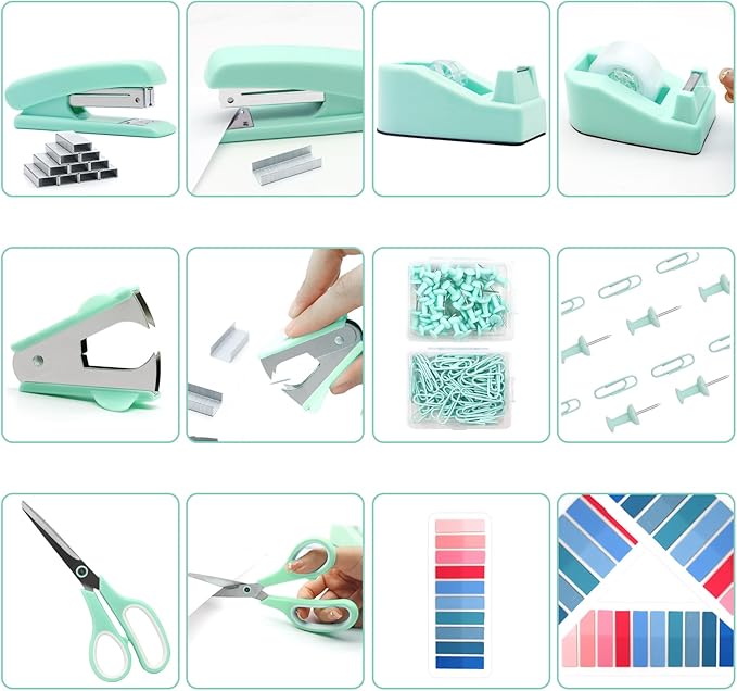 Mint Green Desk Accessories, Teal Office Supplies, Stapler and Tape Dispenser Set, Teal Desk Accessory Kit, Gift for Students, Women, Coworkers, Boss Lady, Office Clerks