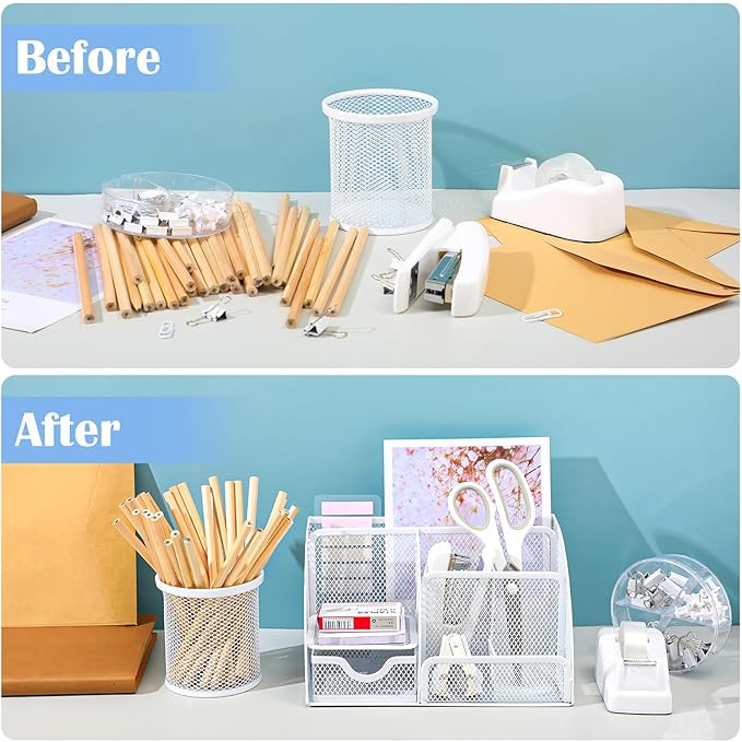 11 in 1 Desk Organizers and Accessories - White Office Supplies - Includes White Stapler, Tape Dispenser, Pen Holder, Staple Remover, Clips, Ruler, Scissors, Tapes, Tabs