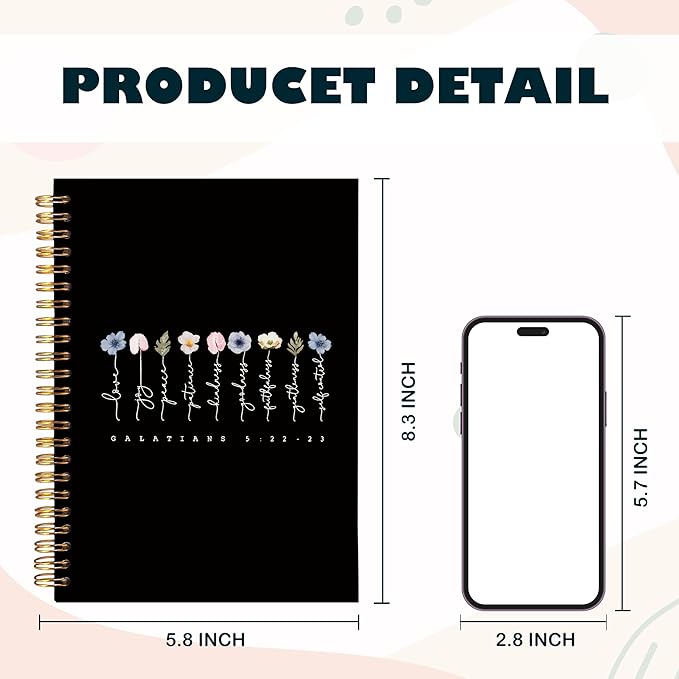 BearCake Boho Floral Christian Notebook Journal,Bible 5:22-23 Christian Gifts for Women, spiral Bible Notebooks for Note Taking, Bible Journaling Notebook,Spiral Notebook 5.5x8.3 black