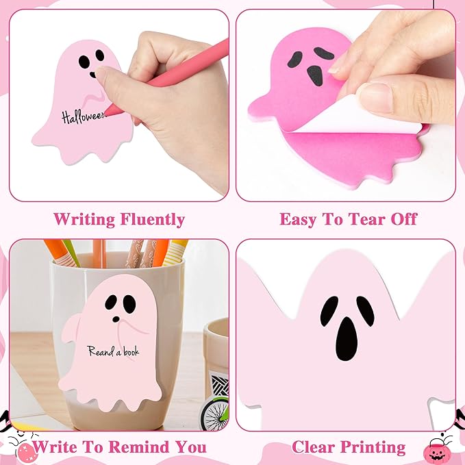 72pcs Halloween Pink Ghost Sticky Notes & Pens & Ribbons Set, Pink Little Boo Pastel Notepads Gift, Self-Stick Memo Pad for Office Classroom Halloween Back to School Party Favor Supplies