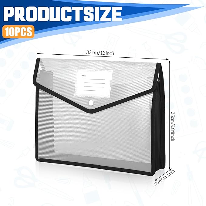 10-Pack Plastic File Folders Expanding Document Organizer with Snap Closure, Waterproof Transparent Pouch for Standard Letter Size Papers, Envelope Wallet with Card Slot & Durable PP Material