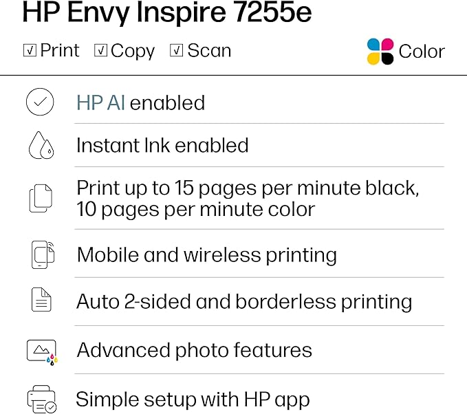 HP Envy Inspire 7255e Wireless Color Inkjet Printer, Print, scan, copy, Easy setup, Mobile printing, Best-for-home, 3 month Instant Ink trial included, AI-enabled (1W2Y9A)